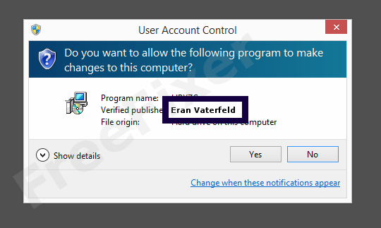 Screenshot where Eran Vaterfeld appears as the verified publisher in the UAC dialog